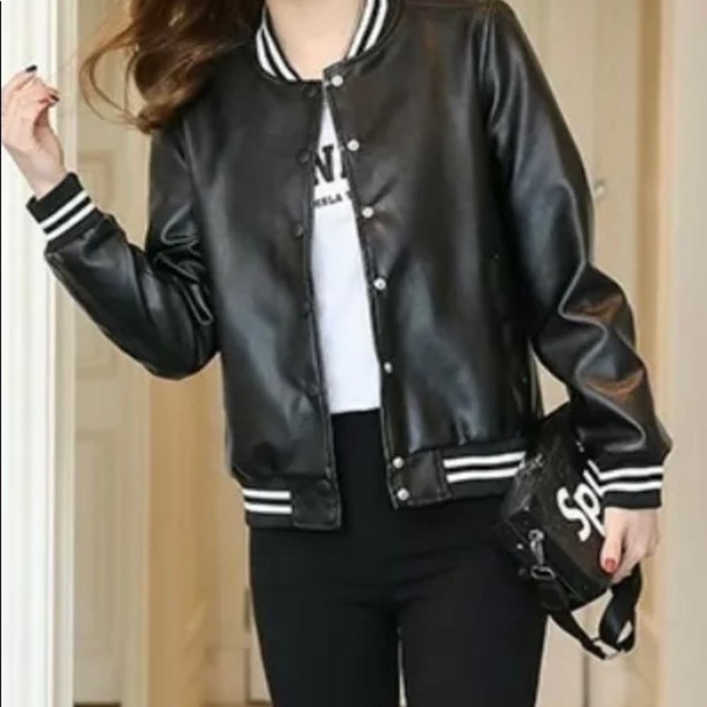 NWOT Faux Leather Baseball Black Bomber Jacket XS
